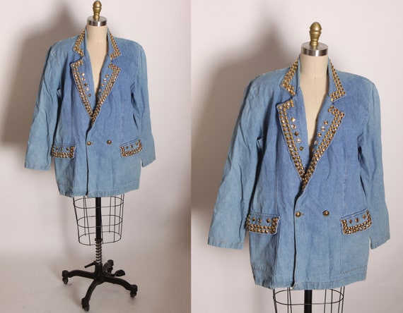 1980s Light Blue Denim Long Sleeve Brass Bronze Gold Bedazzled Button Up Jacket by Marilyn of California -L