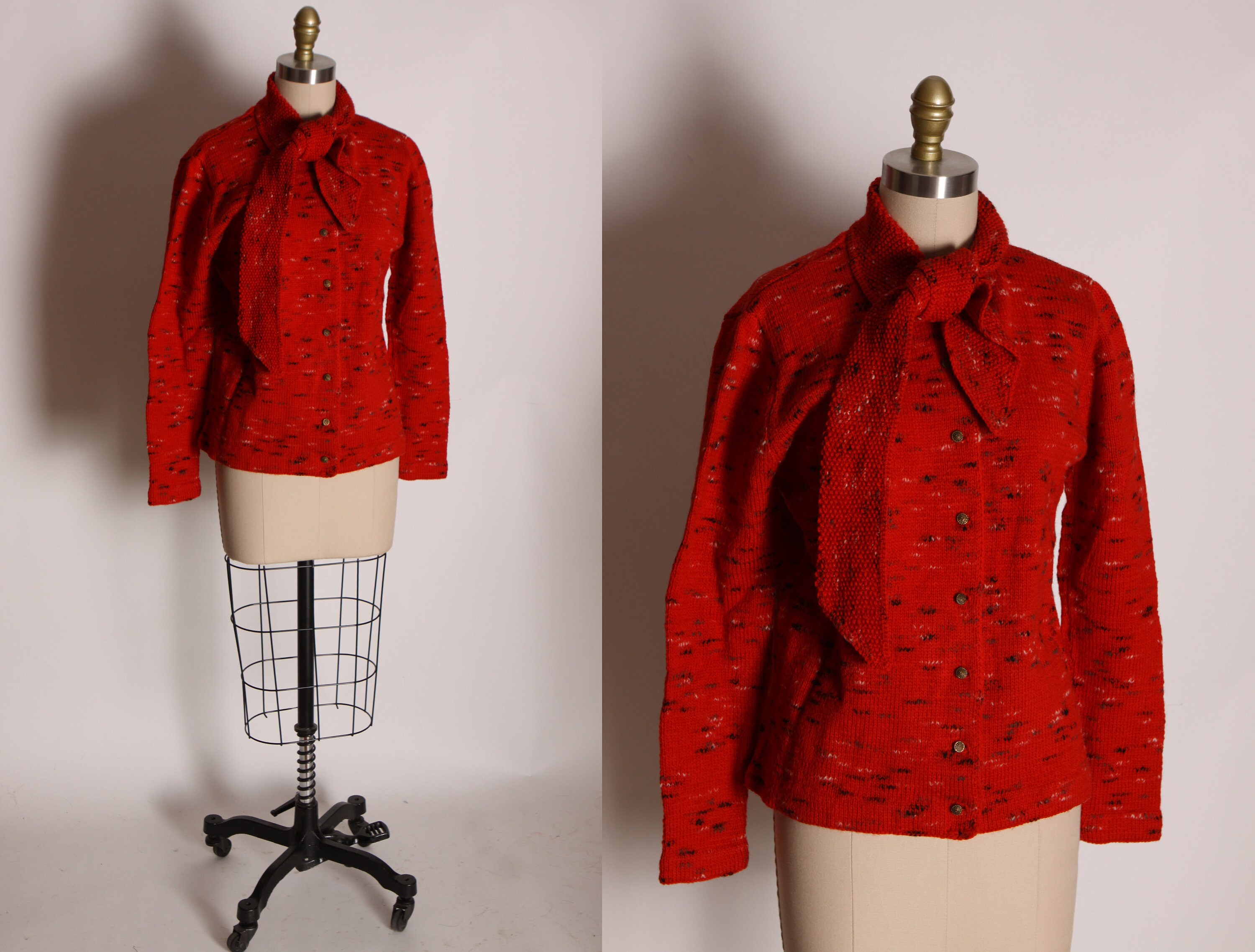 Vintage Scarf Styles -1920s to 1980s 1960S Red  Black Flecked Wool Knit Long Sleeve Scarf Collar Button Up Sweater Cardigan -L $68.00 AT vintagedancer.com