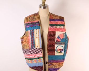 1980s Multi-Colored Patchwork Quilt Basket and Heart Sleeveless Reversible Galaxy Vest -XL