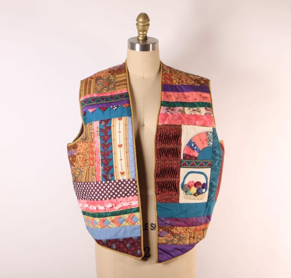 1980s Multi-Colored Patchwork Quilt Basket and He… - image 1