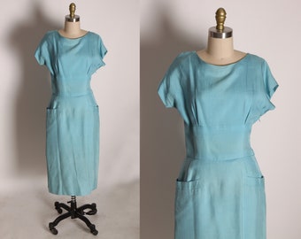 1950s Blue Short Sleeve Linen Pocketed Wiggle Dress -M