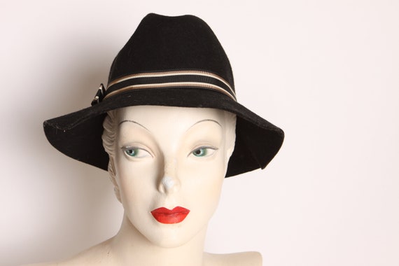 1950s Black Wool Tan Striped Fedora Formal Hat by