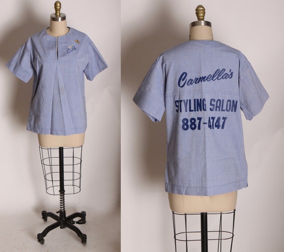 1970s Chambray Denim Look Short Sleeve Pullover Carmella Hair Salon Carol Blouse -L