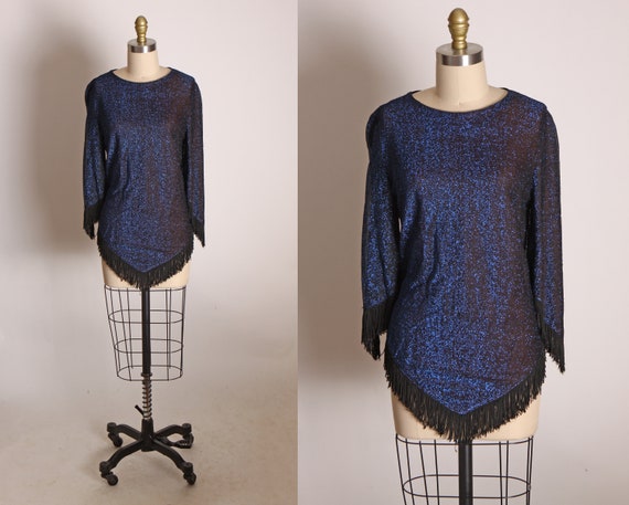 1960s Blue and Black Metallic Lurex Woven 3/4 Length Sleeve Fringe Shirt Blouse -S