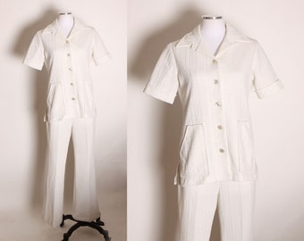 1970s White and Gray Flecked Two Piece Short Sleeve Blouse Top with Matching High Waisted Pants Leisure Suit by Prince of Dallas -M