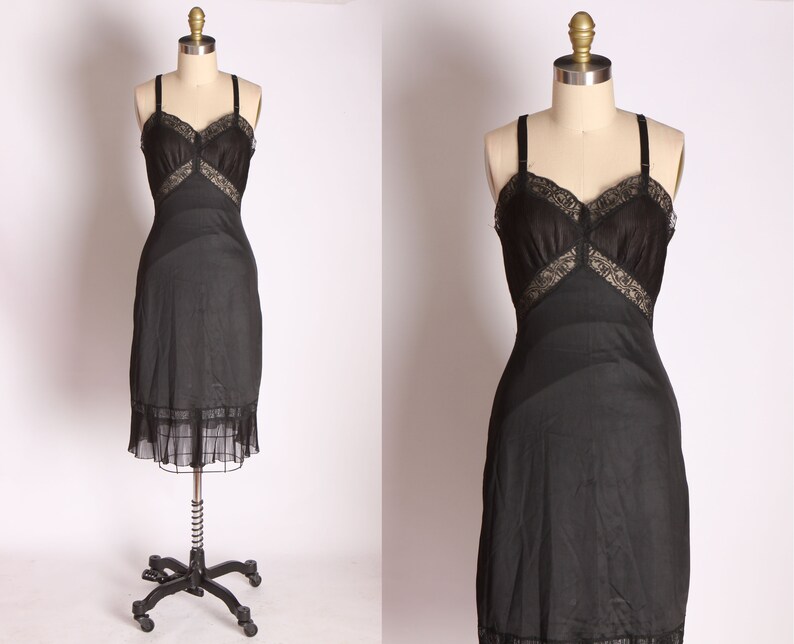 1950s Black Nylon Pleated Hem and Bodice Dress Slip by Charmode