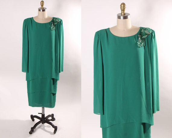 1980s Emerald Green Tiered Long Sleeve Sequin Shoulder Detail Formal Dress by Ursula -L