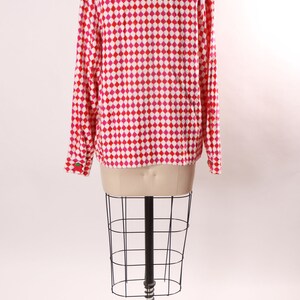 Late 1960s Early 1970s Pink, Red and White Harlequin Square Print Long Sleeve Strawberry Button Covers Blouse L image 8