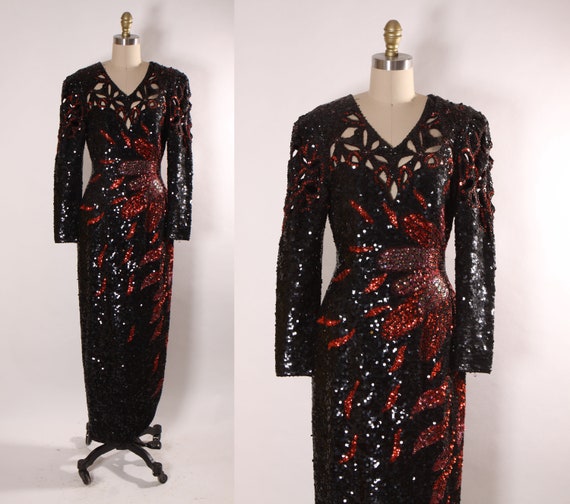1980s Black and Red Cut Out Sequin Covered Long Sleeve Floral Flower Side Detail Full Length Cocktail Wiggle Dress by Sho Max Originals -M