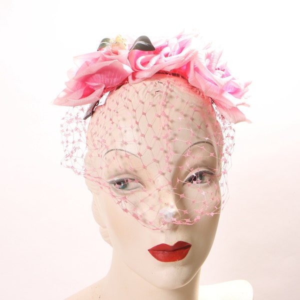 1950s 1960s Pink Floral Rose Veil Hat Hair Fascinator by Chanda Boutique for Montaldo’s