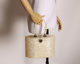 1950s Cream Pearl Swirl Lucite Large Top Handle Ornate Hardware Purse by Wilardy