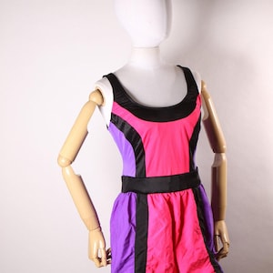 1980s Neon Day Glow Purple, Pink and Black One Piece Workout Aerobic Jazzercise Swimsuit by Catalina -XL