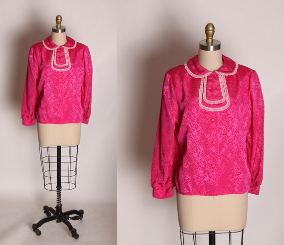 1960s Pink Swirl and White Lace Trim Peter Pan Collar Pussybow Long Sleeve Blouse -L