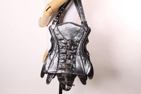 Early 2000s Y2K Black Vinyl Corset Lace up Buckle Purse by Demonia