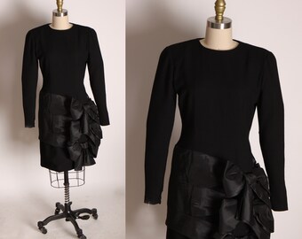 1980s Black Avant Garde Hip Triple Oversized Bow Detail Long Sleeve Cocktail Formal Dress by Bill Blass -S