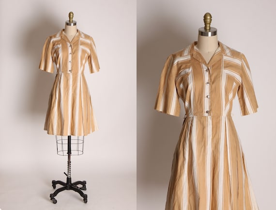 1940s Tan and White Striped Pleated Skirt Dress by Fruit of the Loom -L