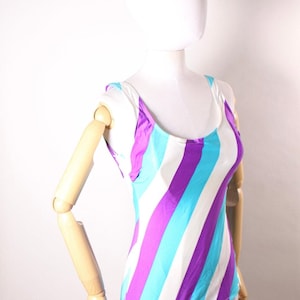 Late 1970s Blue, Purple and White Striped One Piece Swimsuit by Sea Fashions of California -L