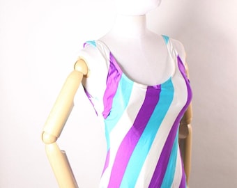 1970s Striped One Piece Swimsuit, Blue Purple White, Sea Fashions of California, L