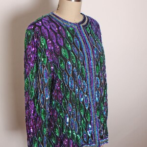 1980s Blue, Purple and Green Geometric Long Sleeve Beaded and Sequin Long Sleeve Cardigan Jacket Silk Jacket image 5