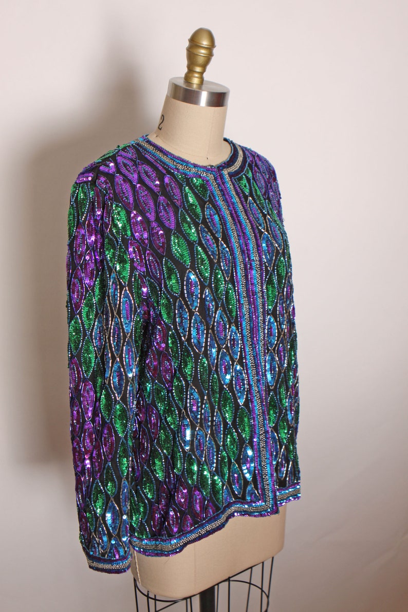 1980s Blue, Purple and Green Geometric Long Sleeve Beaded and Sequin Long Sleeve Cardigan Jacket Silk Jacket image 5