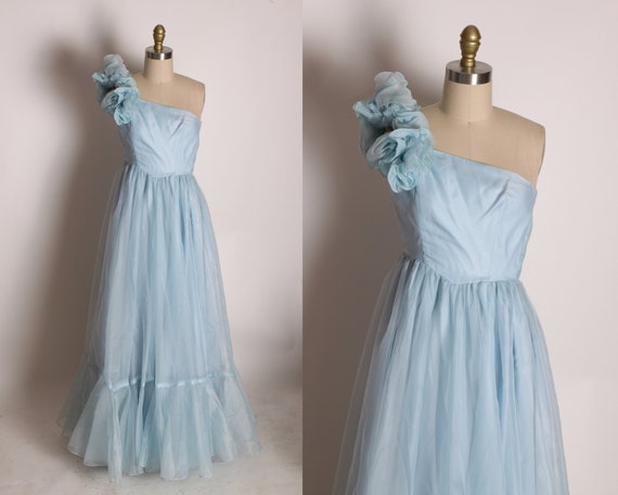 1970s Light Blue Sheer Organza Overlay One Shoulder Full Length Formal Prom Dress -XXS