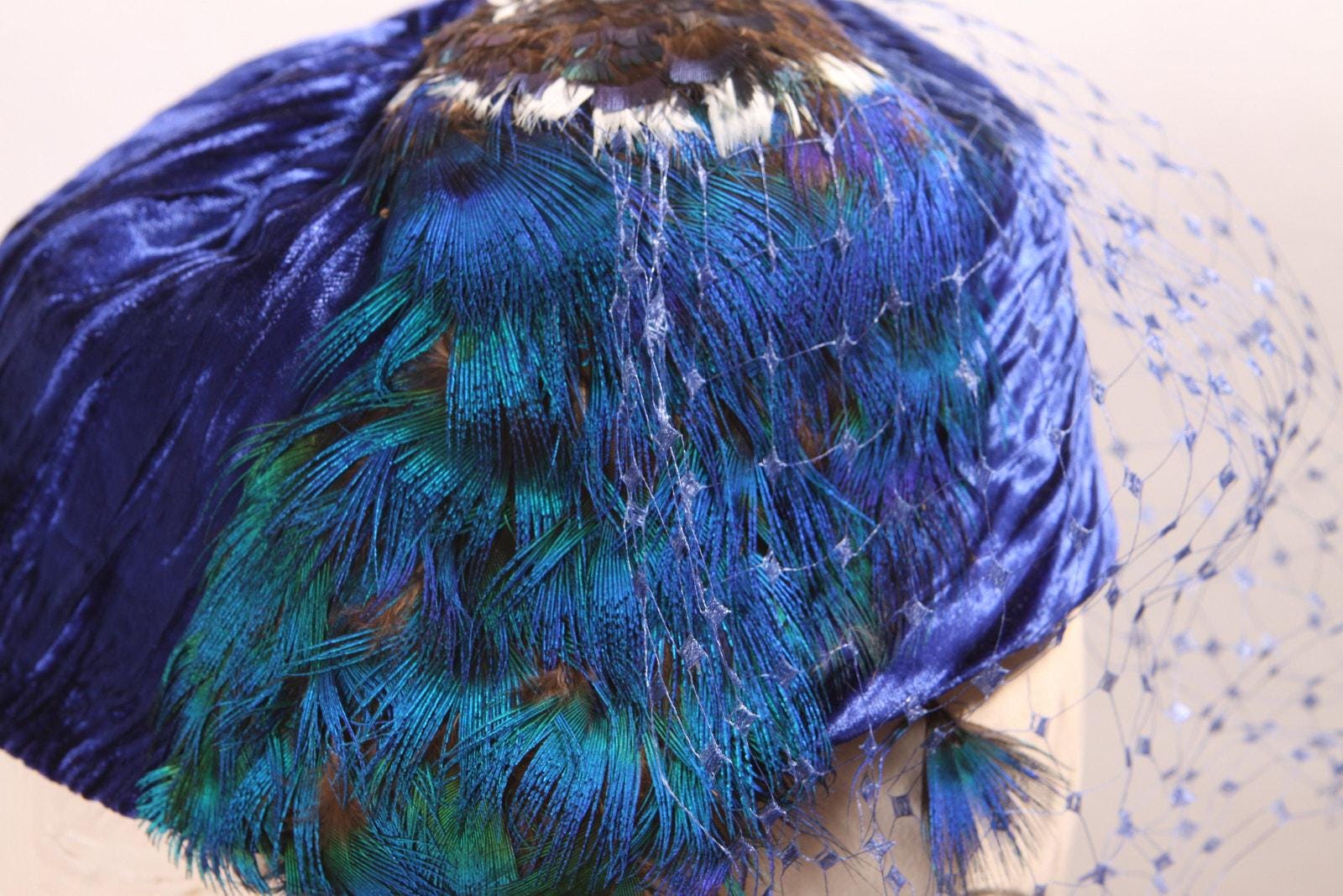 Vintage Royal Blue Velvet Hat With Peacock Feather Veil - Etsy display picture 2