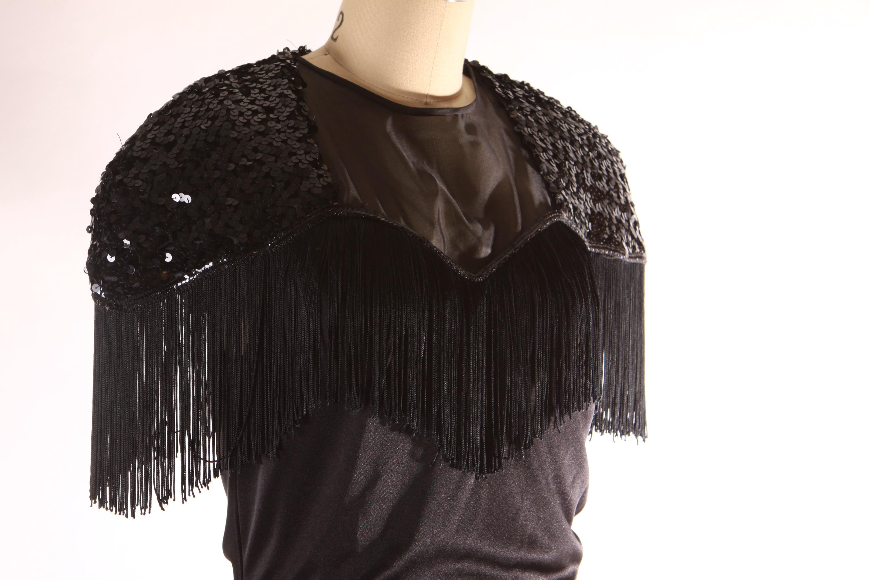 1980s Black Short Sleeve Fringe Keyhole Back Wiggle Dress by Abby