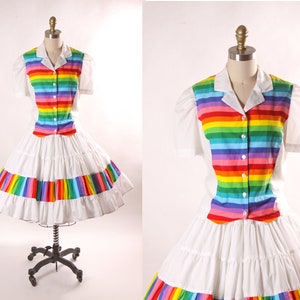 1980s White and Rainbow Print Short Sleeve Button Up Blouse with Matching Square Dance Skirt Two Piece Outfit L image 1