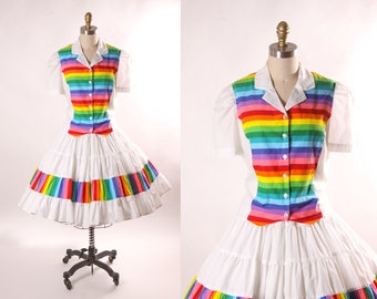 1980s White and Rainbow Print Short Sleeve Button Up Blouse with Matching Square Dance Skirt Two Piece Outfit -L