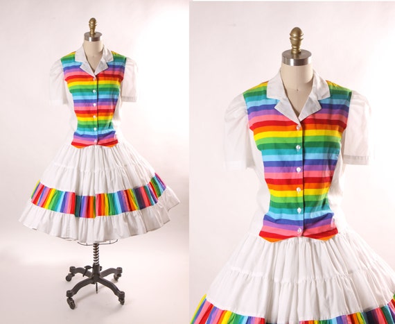 1980s White and Rainbow Print Short Sleeve Button Up Blouse with Matching Square Dance Skirt Two Piece Outfit -L