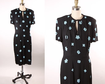 1940s Black and Blue Novelty Beaded Bow Detail Short Sleeve Dress by Eisenberg and Sons Original -M