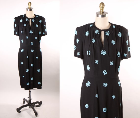 1940s Black and Blue Novelty Beaded Bow Detail Short Sleeve Dress by Eisenberg and Sons Original -M