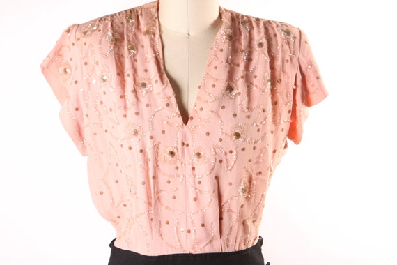 1940s Pink and Black Sequin Detail Short Sleeve D… - image 3