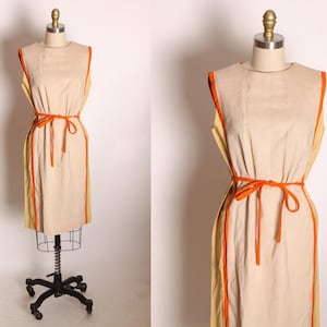1960s Tan, Yellow and Orange Sleeveless Side Stripe Belted Shift Dress -M