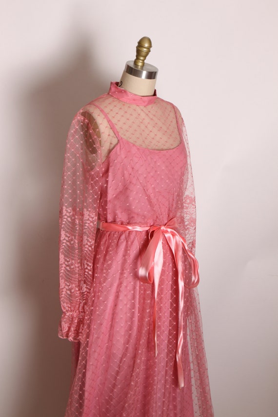 1970s Dusty Rose Pink Sheer Lace Long Sleeve Full… - image 5