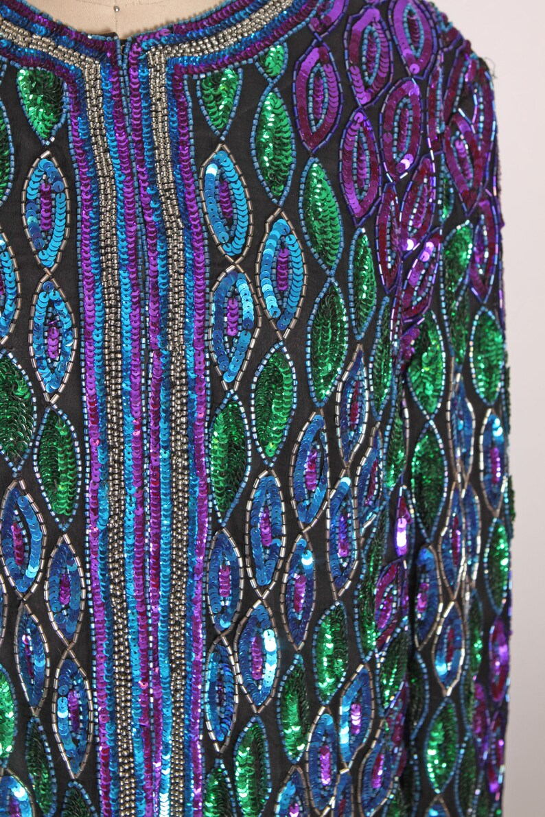 1980s Blue, Purple and Green Geometric Long Sleeve Beaded and Sequin Long Sleeve Cardigan Jacket Silk Jacket image 4