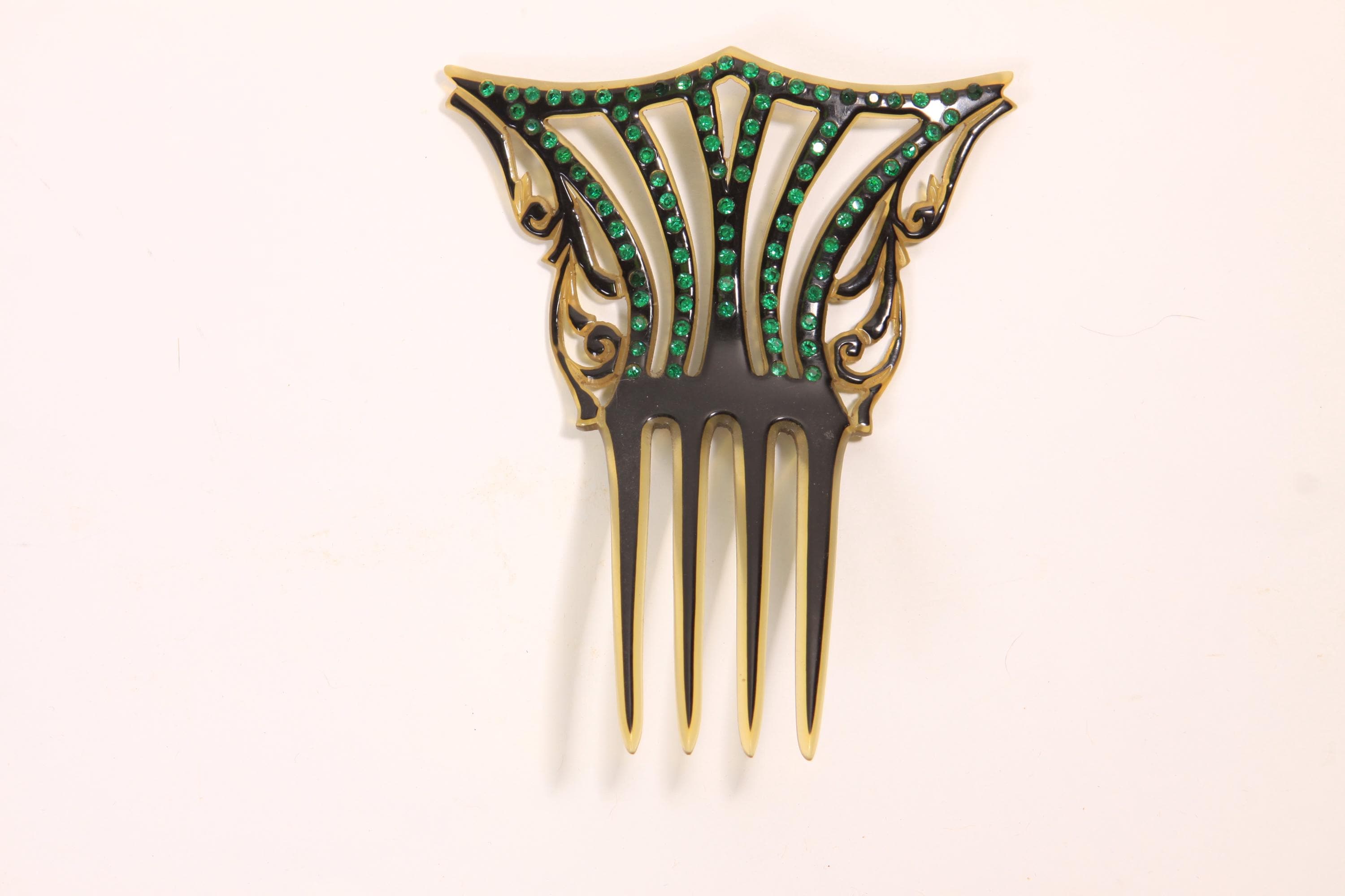 VTG Hair Comb Black Clear Fan Shaped Celluloid Art Deco Art Deco Celluloid Hair Comb Black over Light Yellow Two  main image 4
