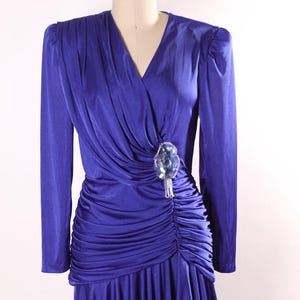 1980s Blue Long Sleeved Draped Gathered Bodice Beaded Flower Detail Hollywood Regency Dress by David Rose -S