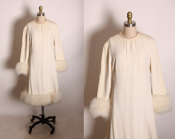 1960s White Long Sleeve Fuzzy Marabou Trim Cuffs and Hem Holiday Dress by Christian Dior New York for Harzfelds -M-L