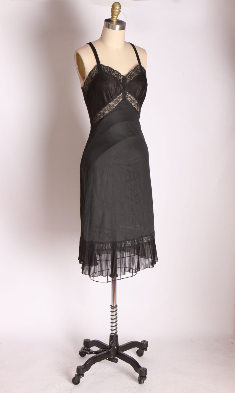 1950s Black Nylon Pleated Hem and Bodice Dress Slip by Charmode