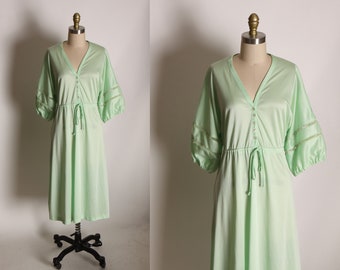 1970s Seafoam Green 3/4 Length Sleeve Cottagecore Prairie Dress -L