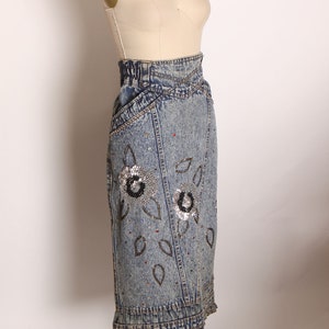 1980s Blue Denim Acid Wash Rainbow Bedazzled Silver and Black Floral Flowed Sequin Pencil Skirt by Pat & Janet L image 5