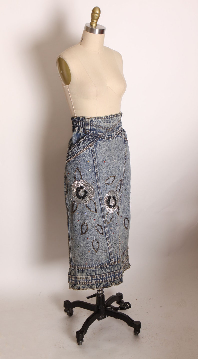 1980s Blue Denim Acid Wash Rainbow Bedazzled Silver and Black Floral Flowed Sequin Pencil Skirt by Pat & Janet L image 5