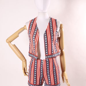 Late 1960s Early 1970s Red White Blue Stars and Stripes Patriotic American Flag 4th of July Vest and Shorts Hot Pants Two Piece Outfit- XS