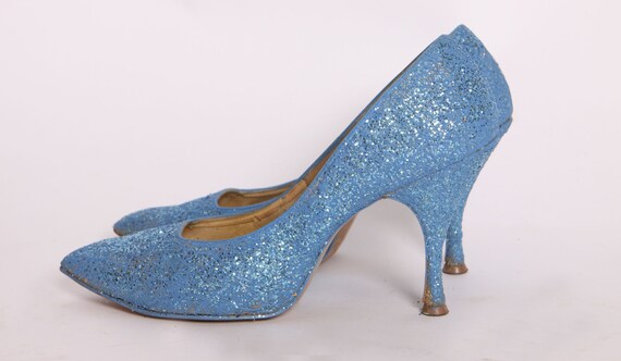 1950s Blue Glitter Stiletto High Heel Pump Shoes by Kay King -Size 6 1/2