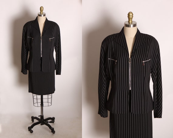 1990s Black and White Striped Zip Up Heart Zipper Long Sleeve Blazer Jacket with Matching Skirt Womens Suit by Dina Bar-el -L