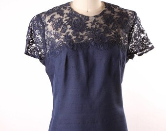 1960s Navy Lace Overlay Dress Suit – Vintage Two-Piece Outfit (M-L)