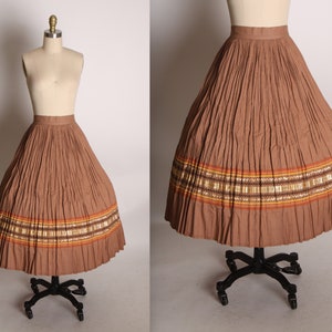 1950s Light Brown, Copper and Gold Soutache Ric Rac Trim 3/4 Length Sleeve Blouse with Matching Pleated Skirt Two Piece Patio Outfit S image 2