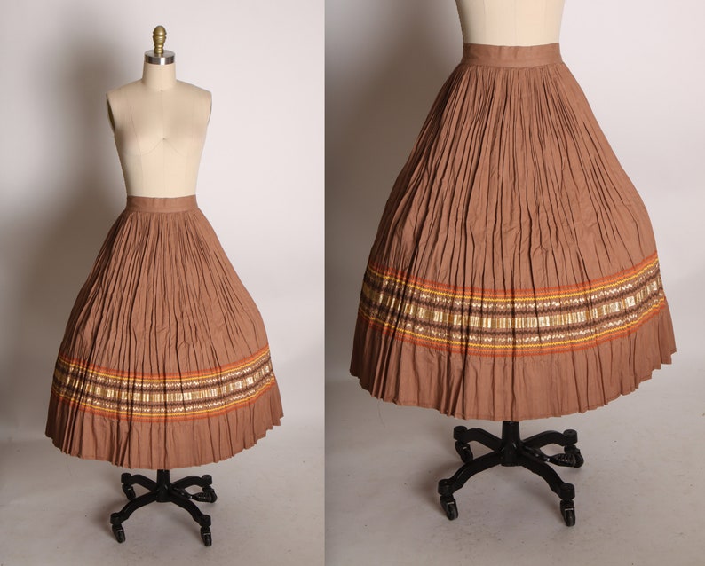 1950s Light Brown, Copper and Gold Soutache Ric Rac Trim 3/4 Length Sleeve Blouse with Matching Pleated Skirt Two Piece Patio Outfit S image 2