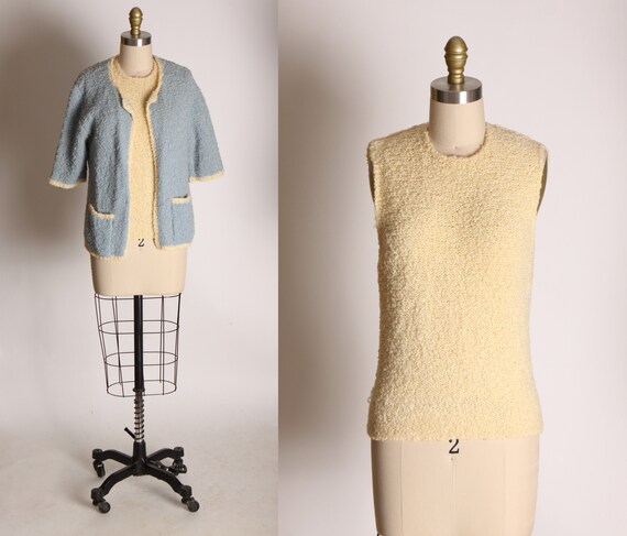 Late 1950s Early 1960s Cream and Blue Knit Sleeveless Blouse with Matching Jacket -S